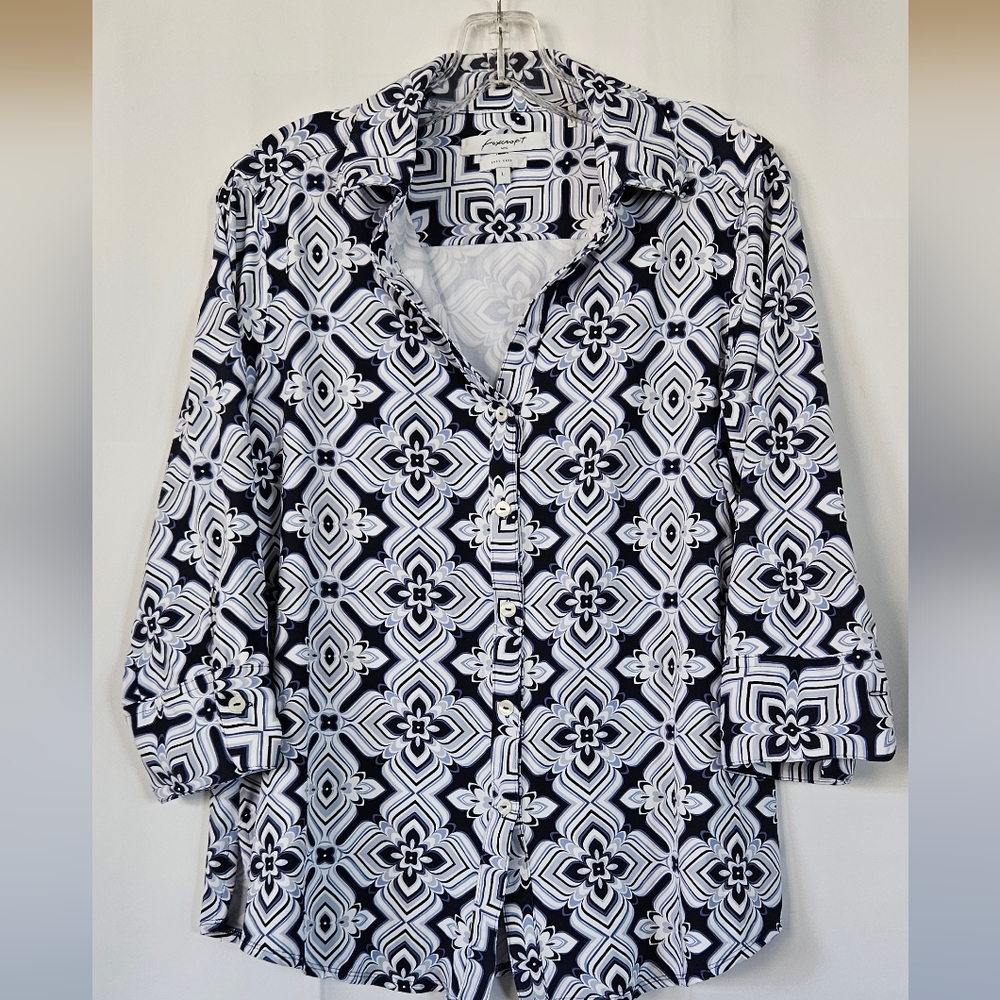 Foxcroft Mary Indigo geometric 3/4 sleeve blouse size large - Picture 1 of 9